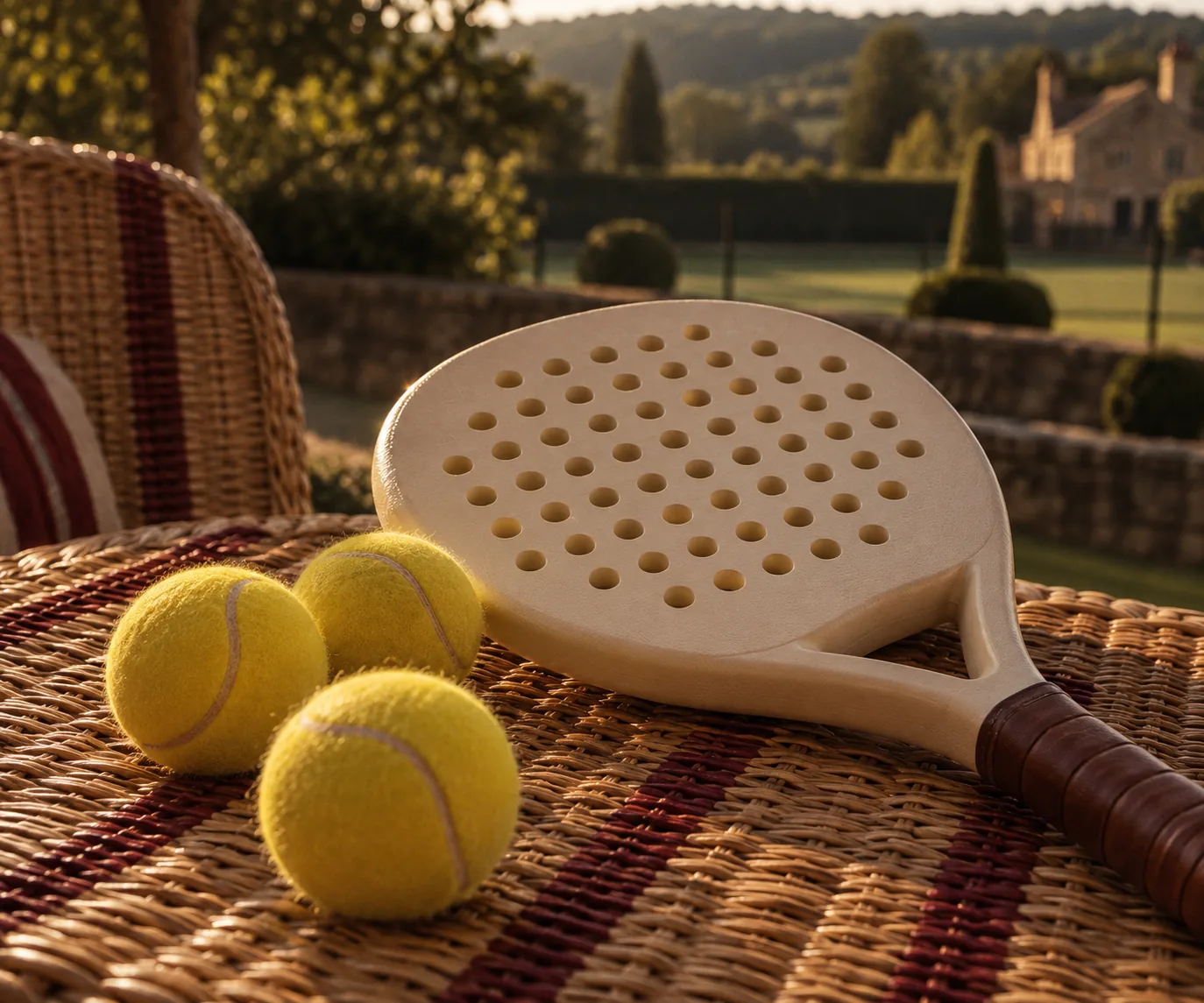 Padel balls and a perforated racket face on striped wicker
