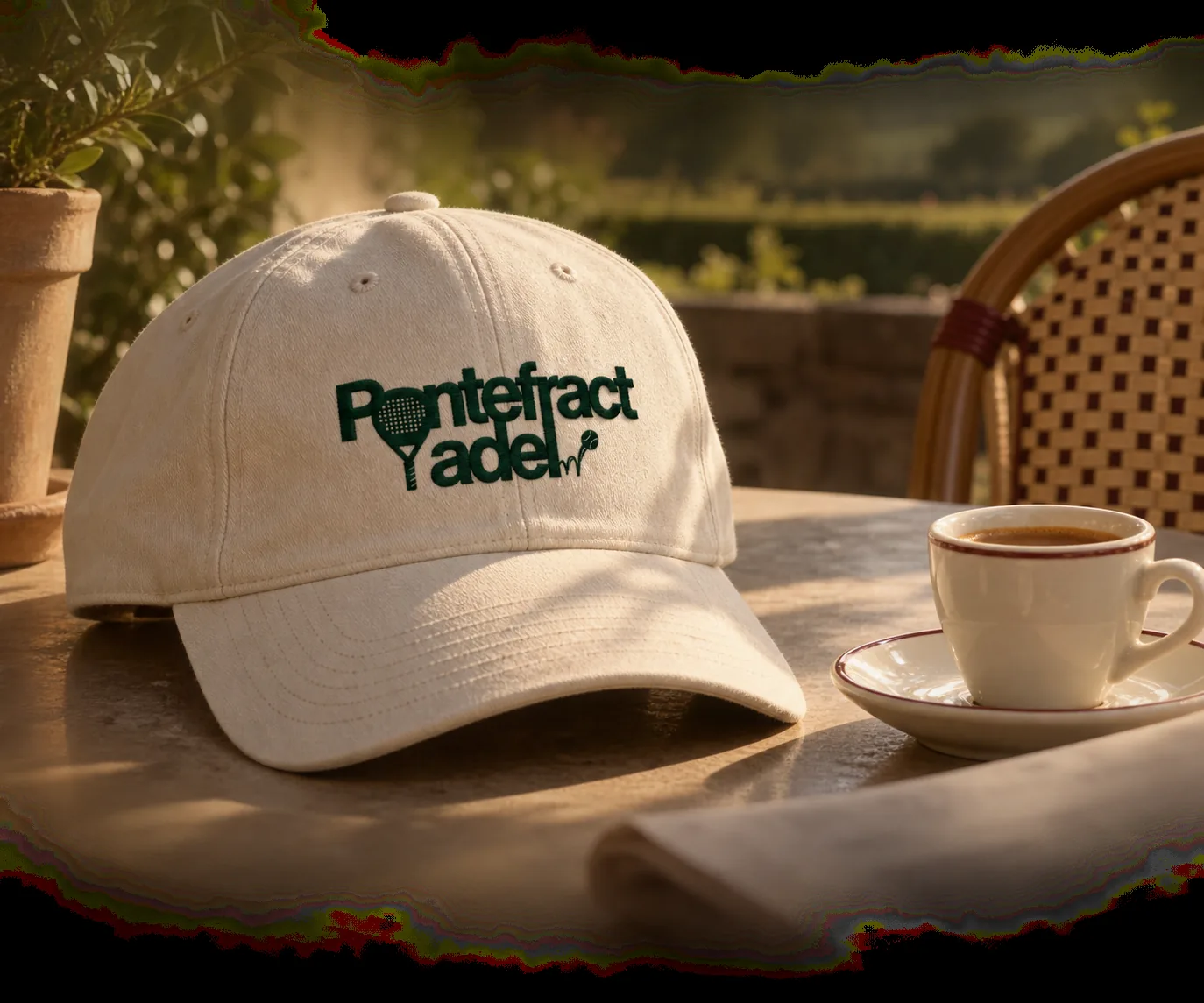 A cream cotton cap with the Pontefract Padel logo embroidered in green
