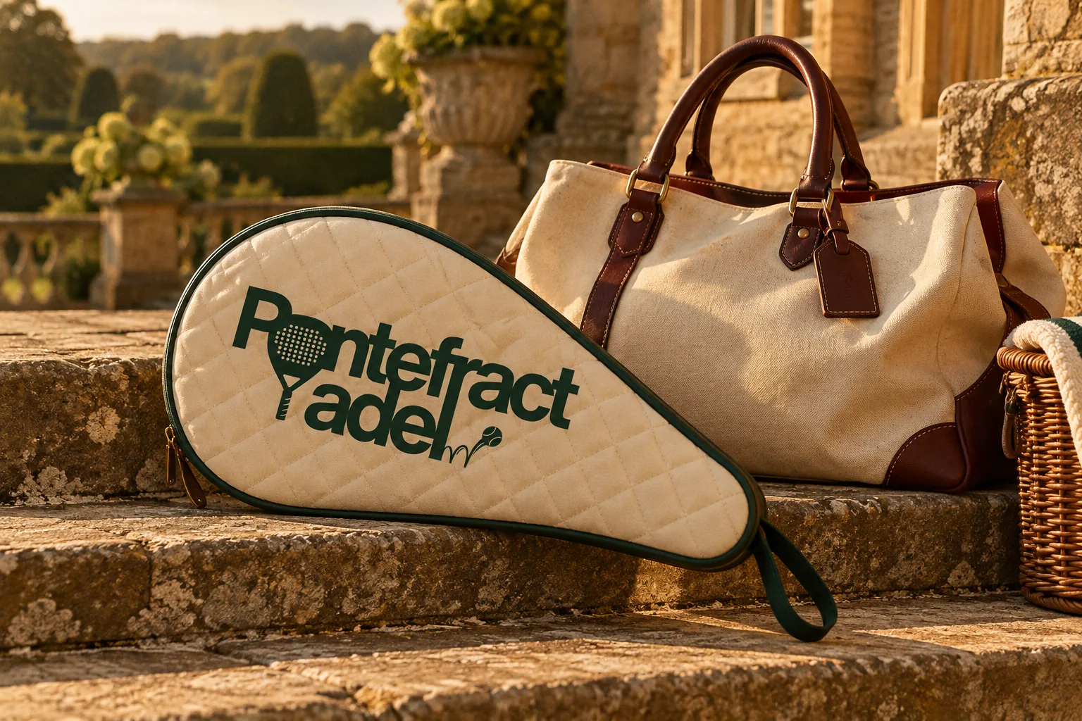 A quilted Pontefract Padel racket cover on stone steps beside a canvas bag