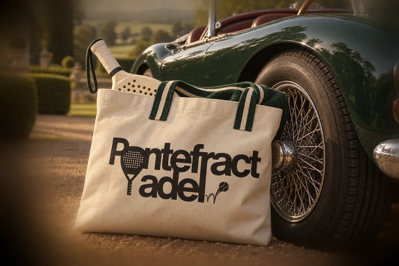 A canvas tote with green webbing handles and the Pontefract Padel logo, leaning on a vintage car
