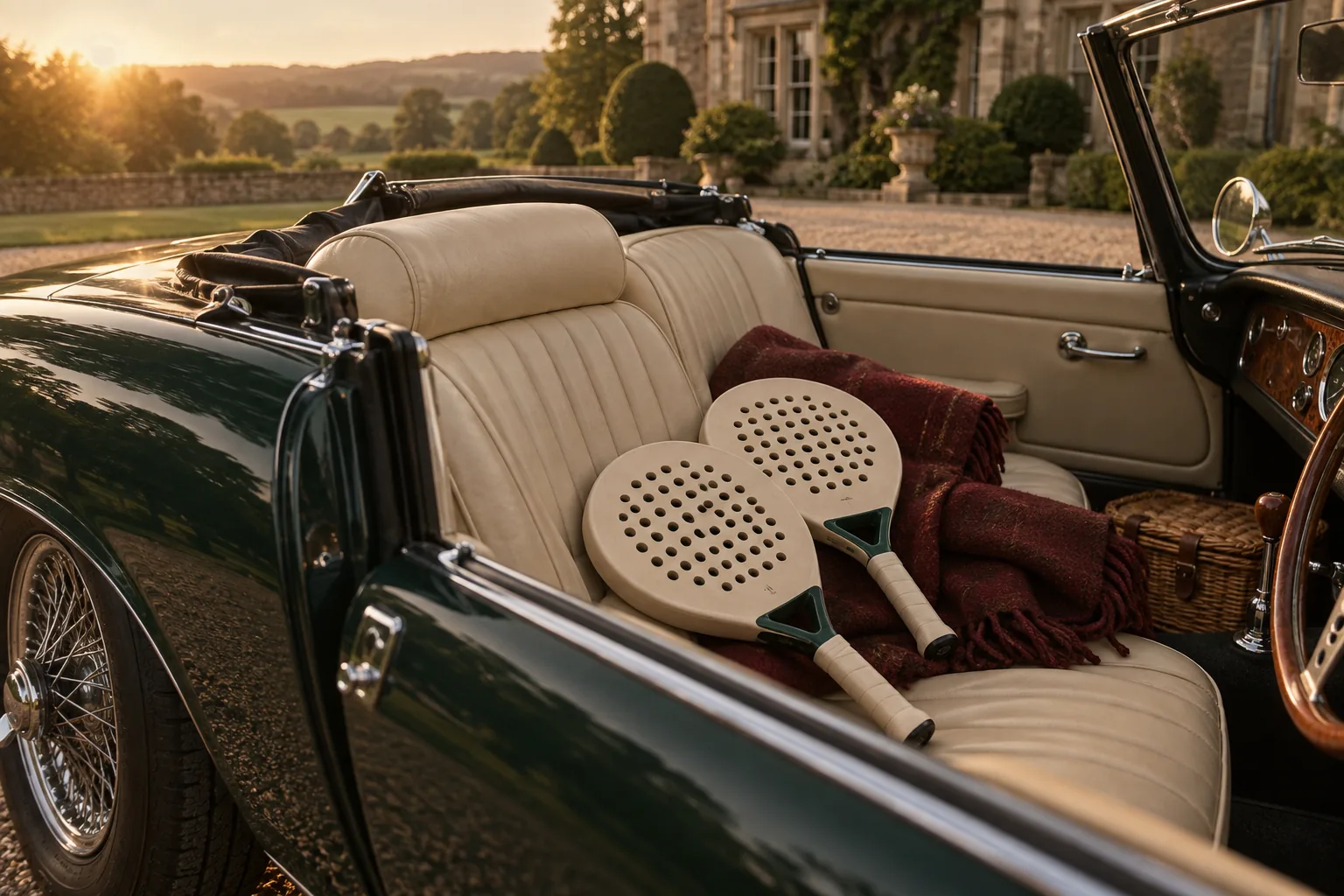 Two cream padel rackets on the leather seat of a green vintage convertible
