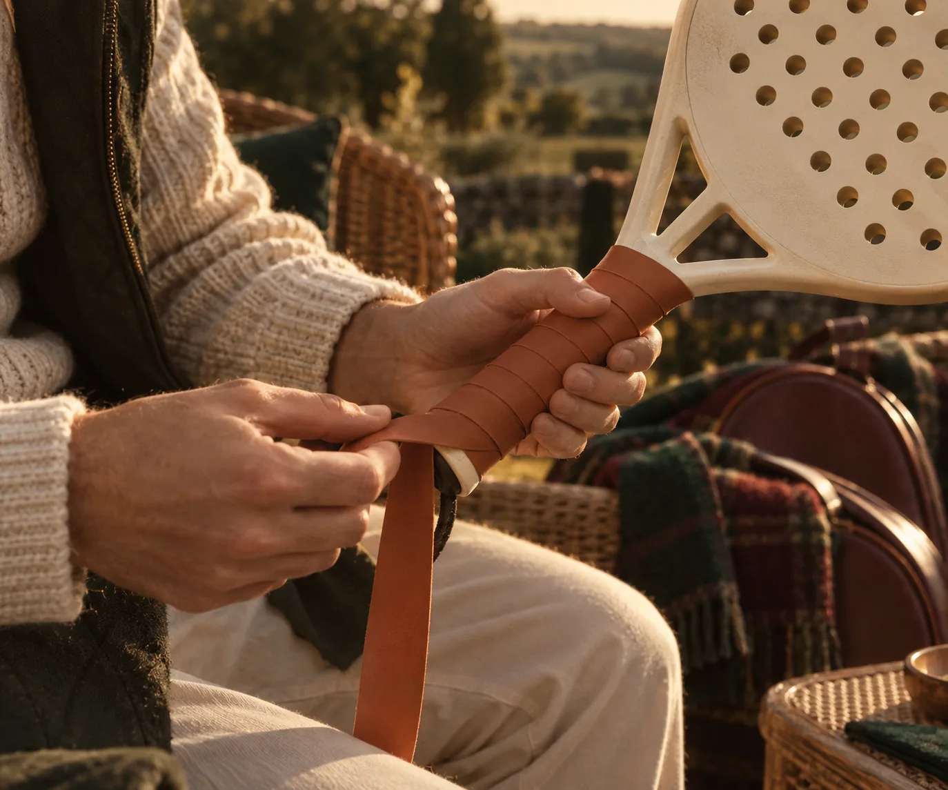 Hands wrapping clay-coloured grip tape around a cream padel racket