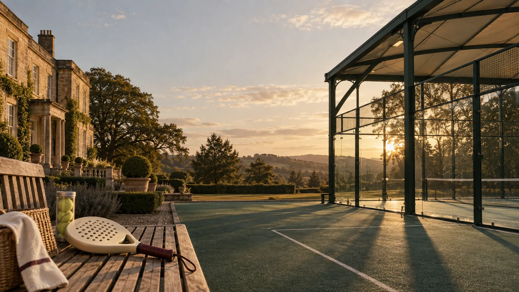 A covered padel court at golden hour, a cream racket on a wooden bench in the foreground