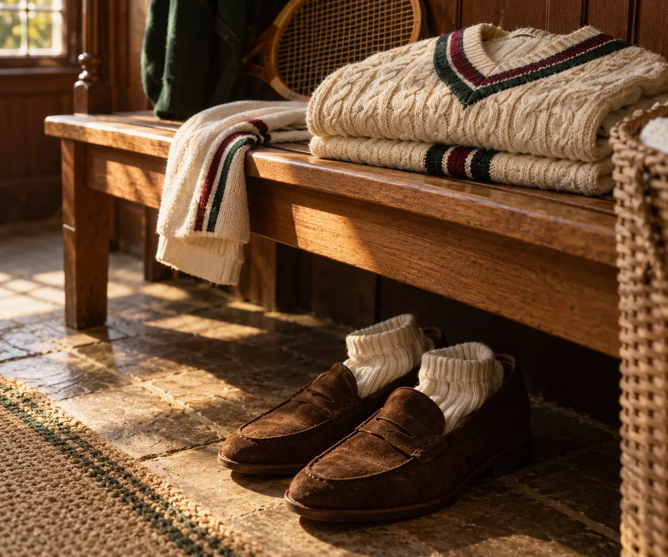 Suede loafers and tennis socks under a teak bench with a cricket jumper