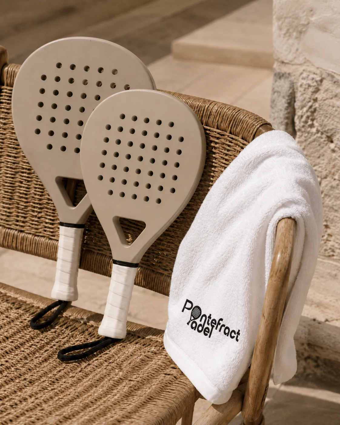 Two cream padel rackets on a wicker chair with a Pontefract Padel towel